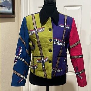 TUNIQUE EMBROIDERED DRAGONFLY NOVELTY PRINT, COLOR BLOCK, VINTAGE JACKET SIZE S